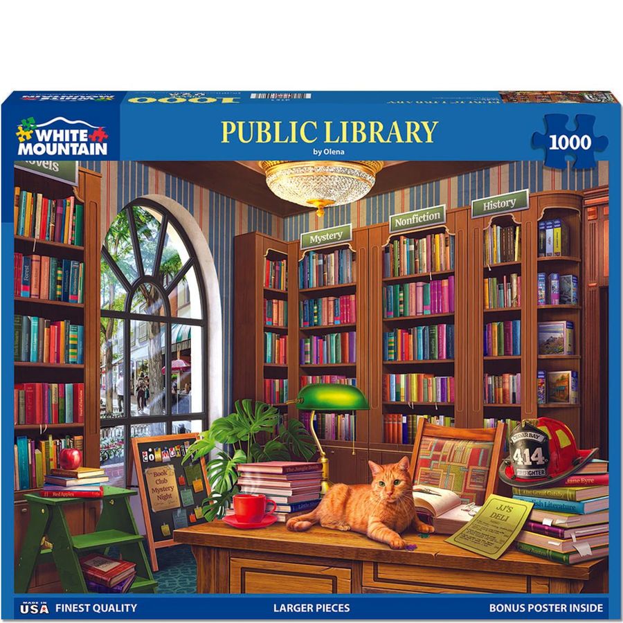 Jigsaw puzzle box featuring a library scene with books and a cat.