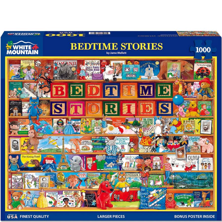 Jigsaw puzzle box titled 'Bedtime Stories' by White Mountain Puzzles with colorful illustrations of books and characters.