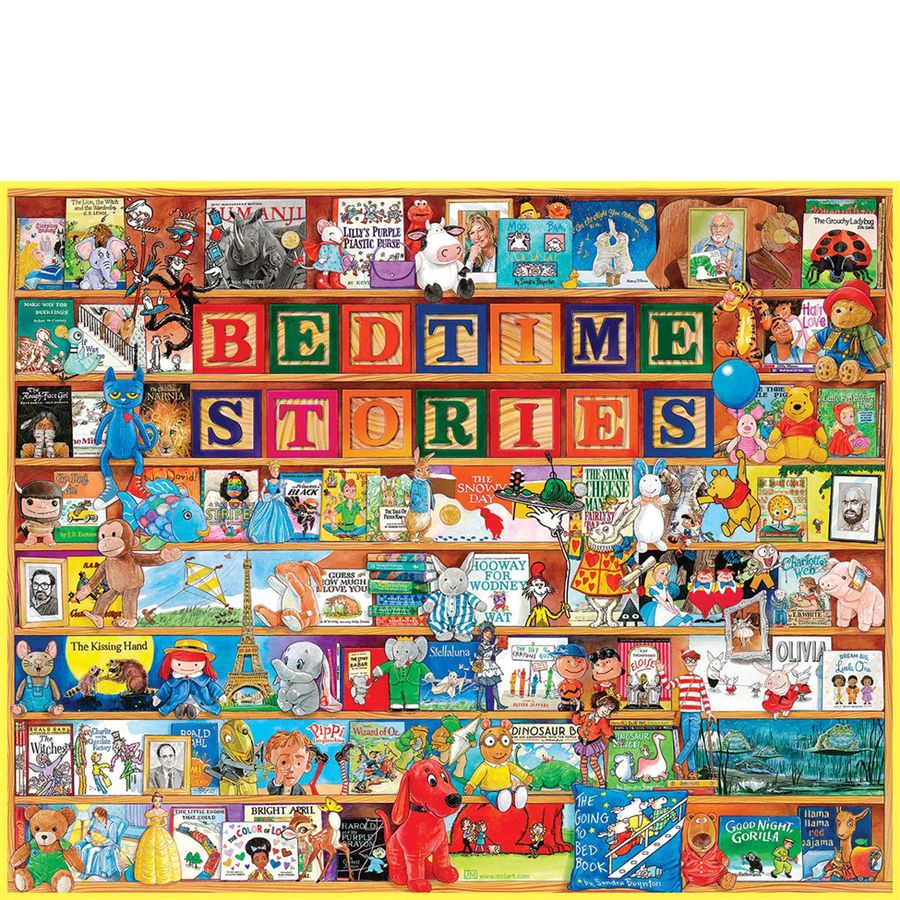 Children's bookshelf with various books and toys, featuring a prominent 'Bedtime Stories' sign.