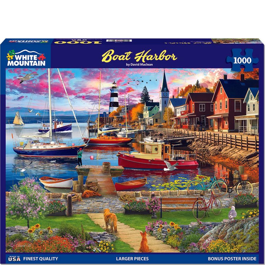 Jigsaw puzzle box featuring a scenic harbor with boats and buildings.