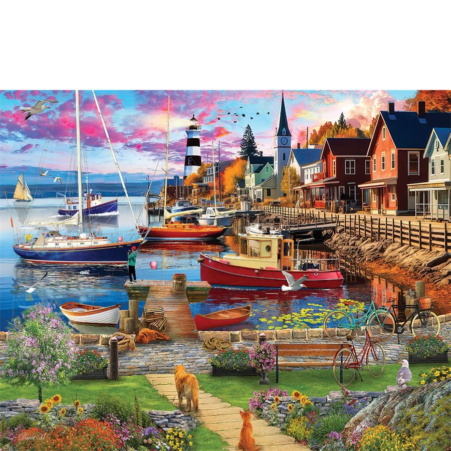 Colorful harbor scene with boats, houses, and a lighthouse.