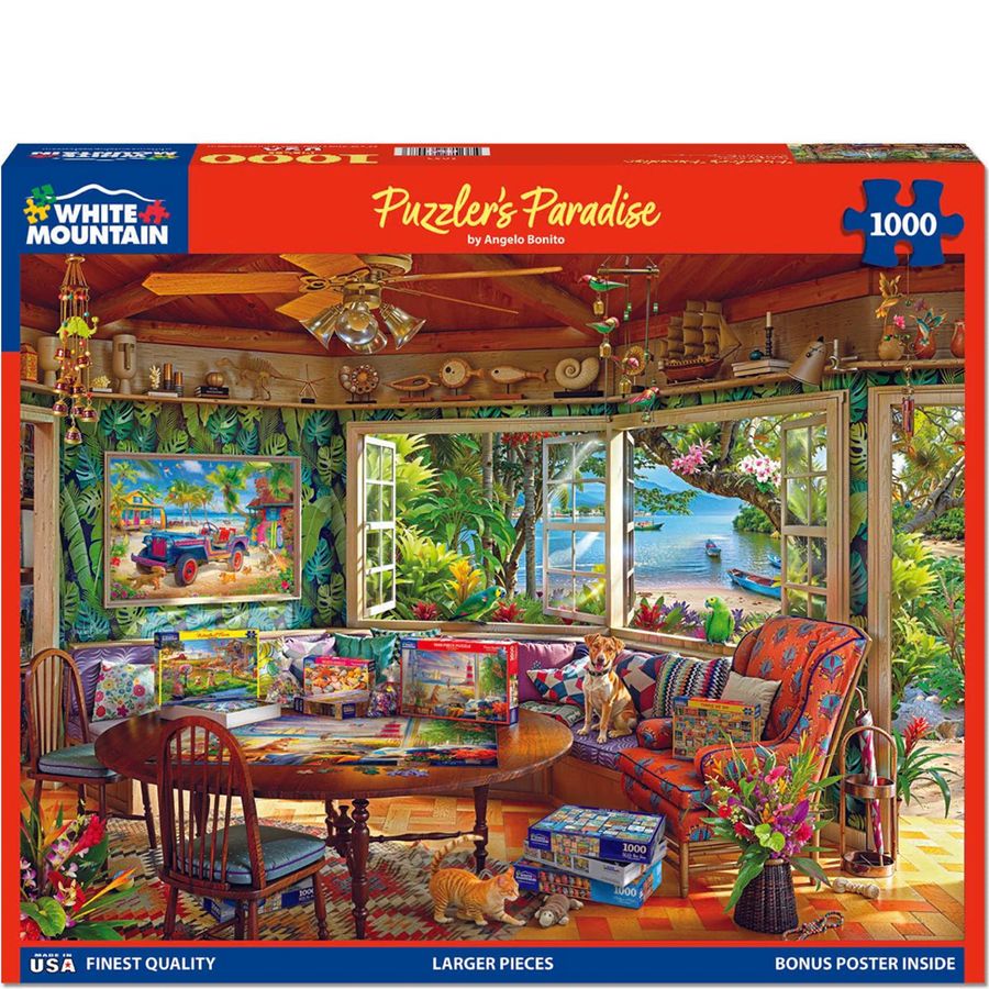 Puzzle box for 'Puzzler's Paradise' by White Mountain Puzzles with a colorful interior scene.