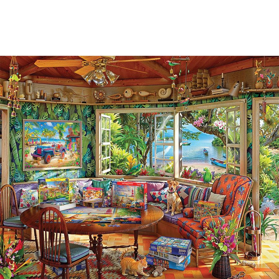 Colorful living room with a large window view of a tropical beach, filled with books and decorative items.
