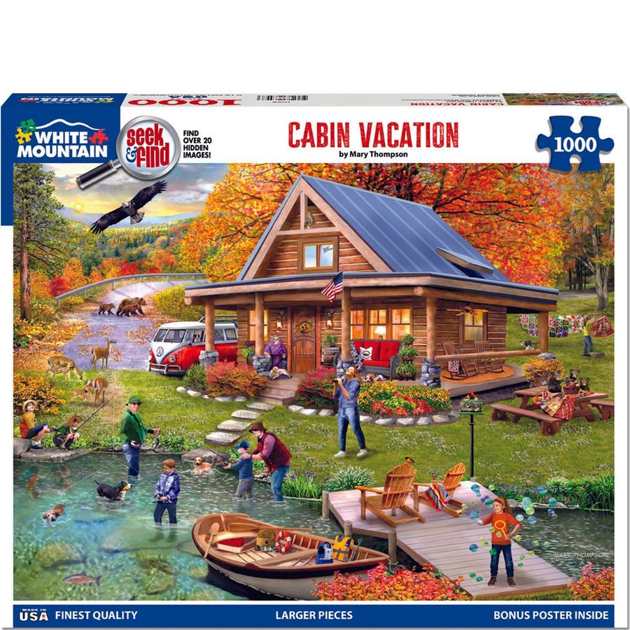 Cabin Vacation puzzle box with a cabin scene and autumn landscape