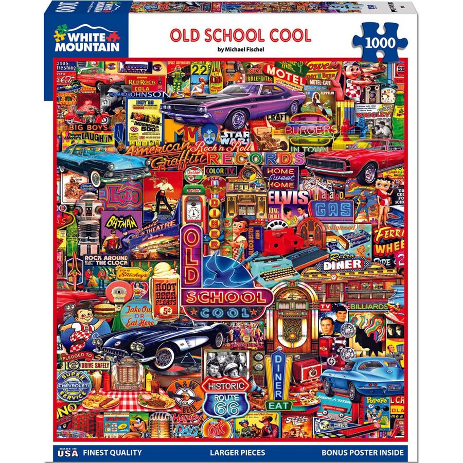 Puzzle box featuring a collage of vintage-themed images with 'Old School Cool' text.