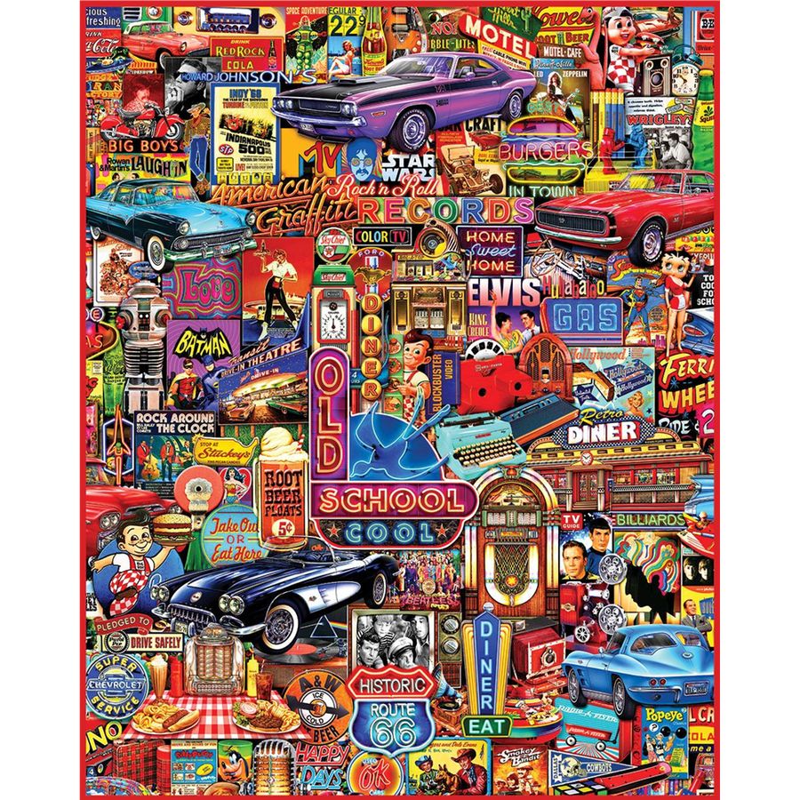 Collage of vintage-themed items including cars, signs, and graphics on a colorful background.