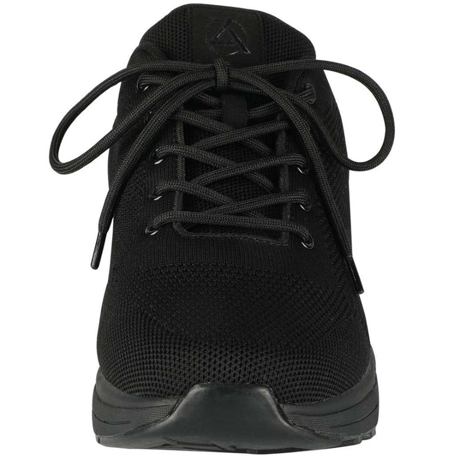 Black athletic shoe with laces on a white background