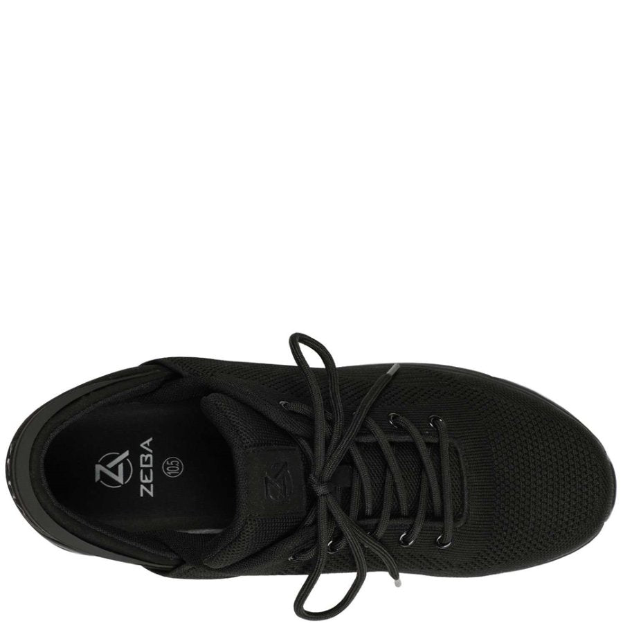 Black athletic shoe with laces on a white background