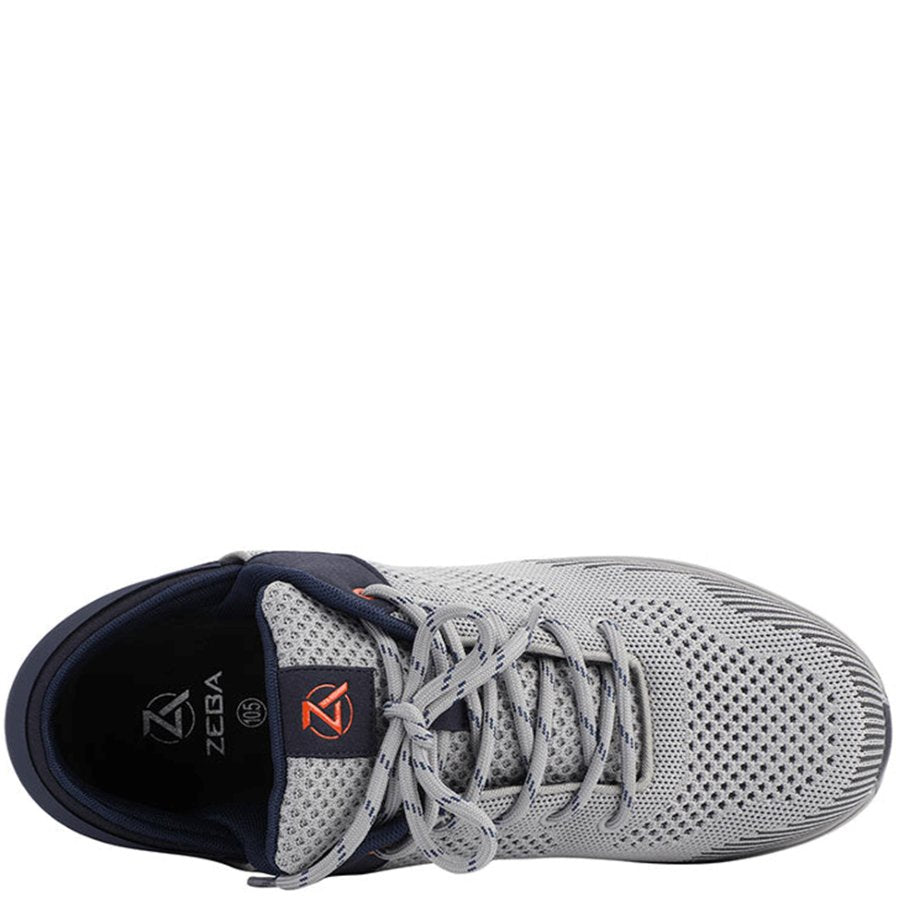 Gray athletic shoe with Zeba branding on a white background