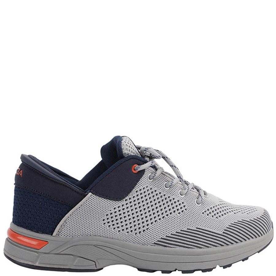 Gray and navy running shoe on a white background