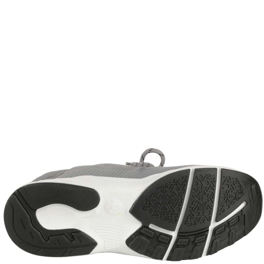 Close-up of a gray and black athletic shoe sole on a white background