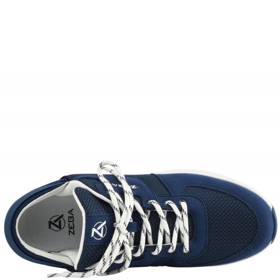 Navy blue sneaker with white laces on a white background