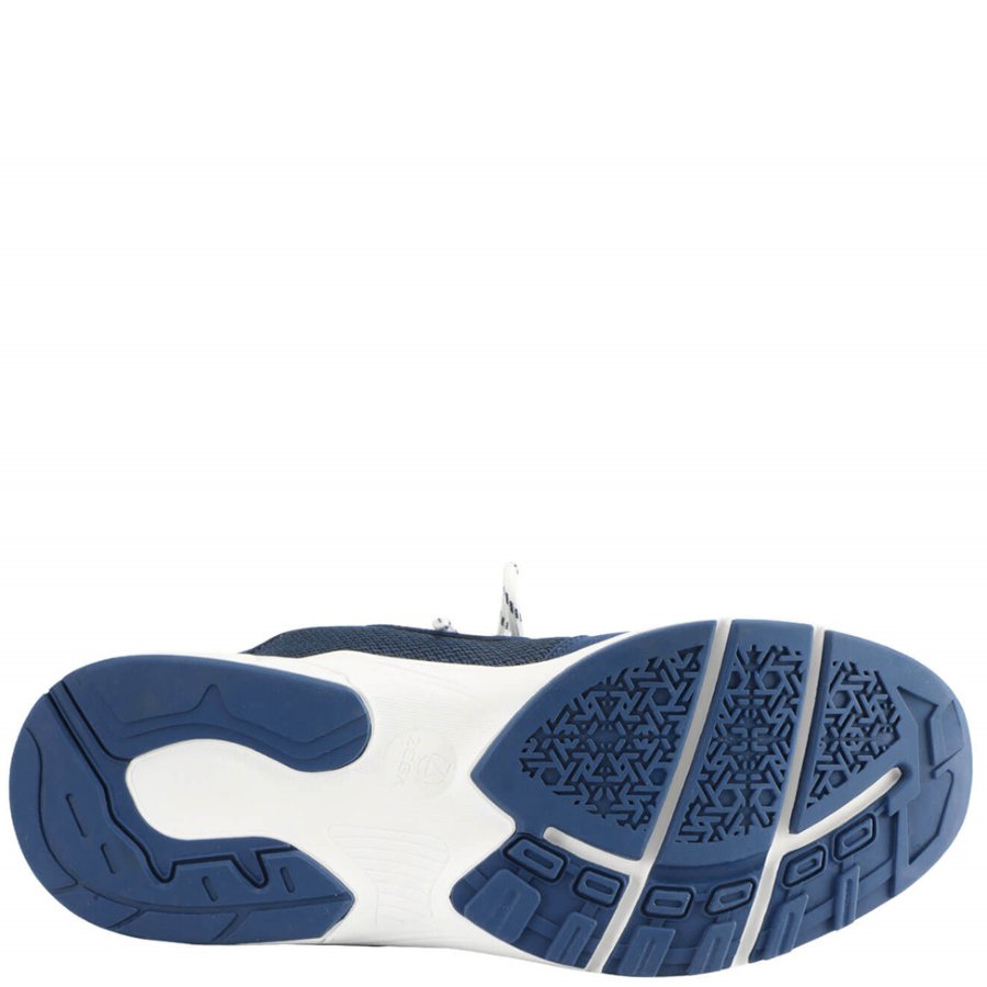 Close-up of a blue and white athletic shoe sole on a white background