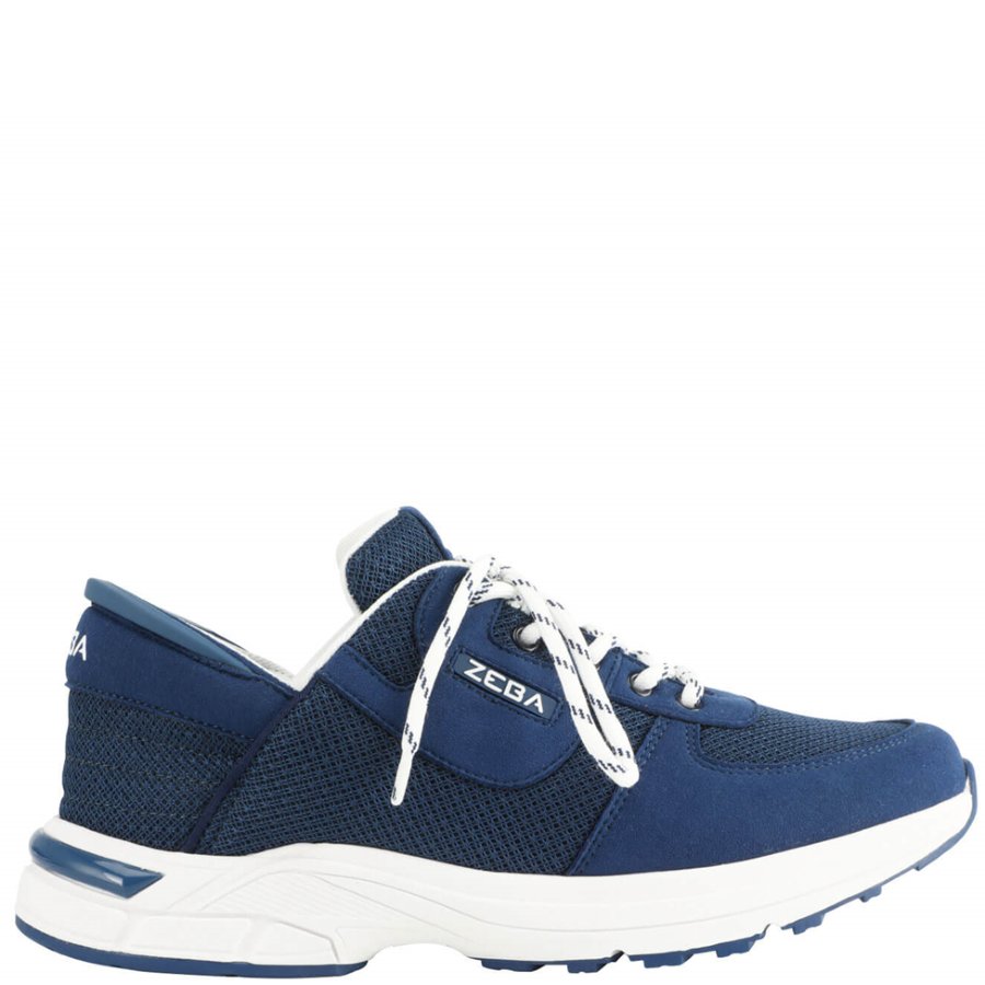 Blue athletic shoe with white laces on a white background