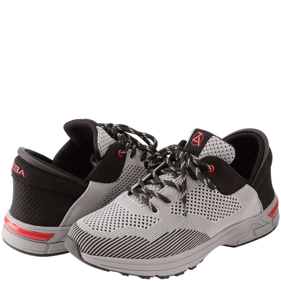 Gray and black athletic shoes with red accents on a white background