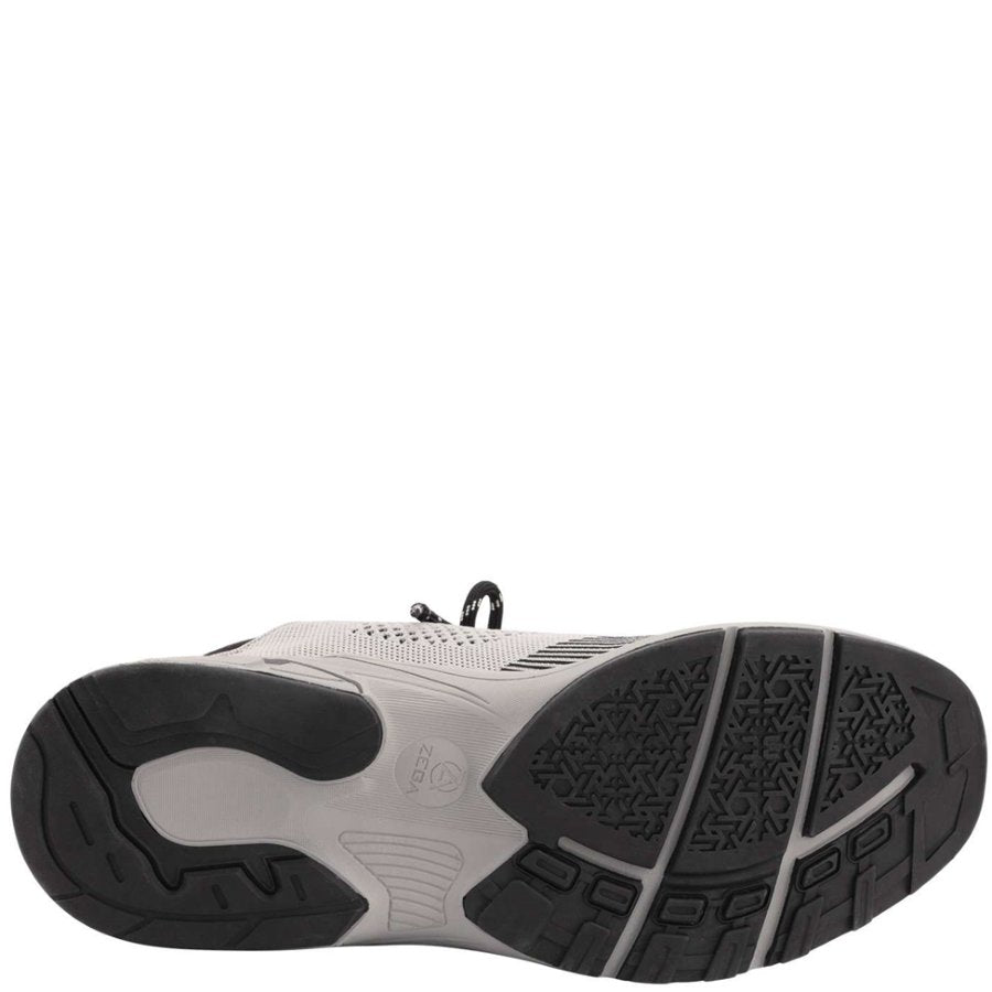 Side view of a gray athletic shoe with black sole on a white background