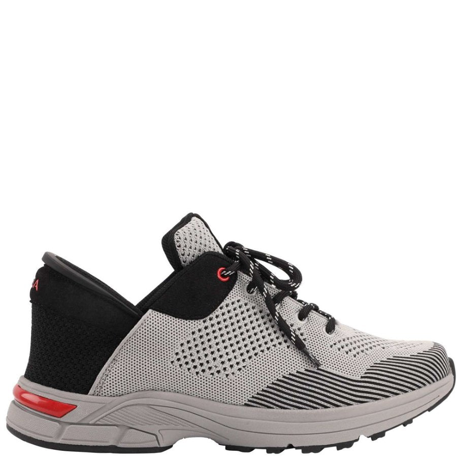 Gray and black athletic shoe with red accents on a white background