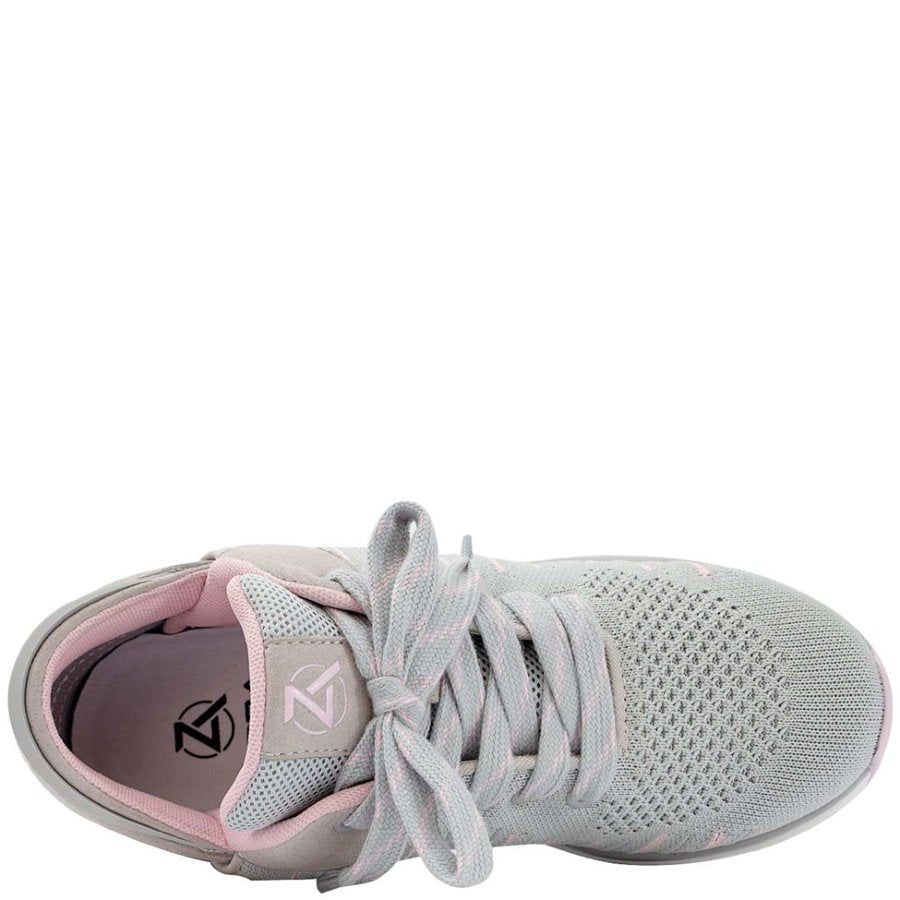 Gray athletic shoe with pink accents on a white background