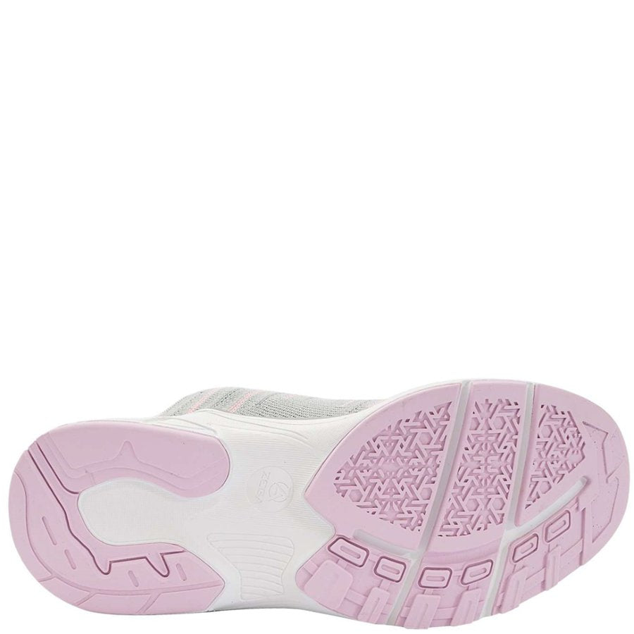 Close-up of a shoe sole with pink and white design on a white background
