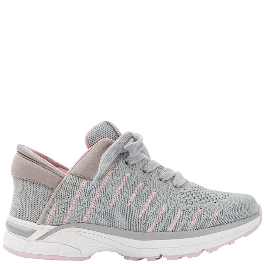 Gray sneaker with pink accents on a white background