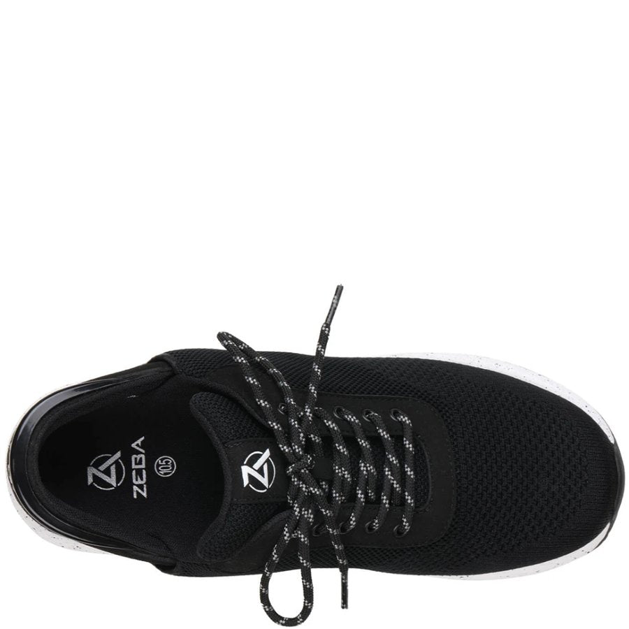 Black athletic shoe with white sole on a white background