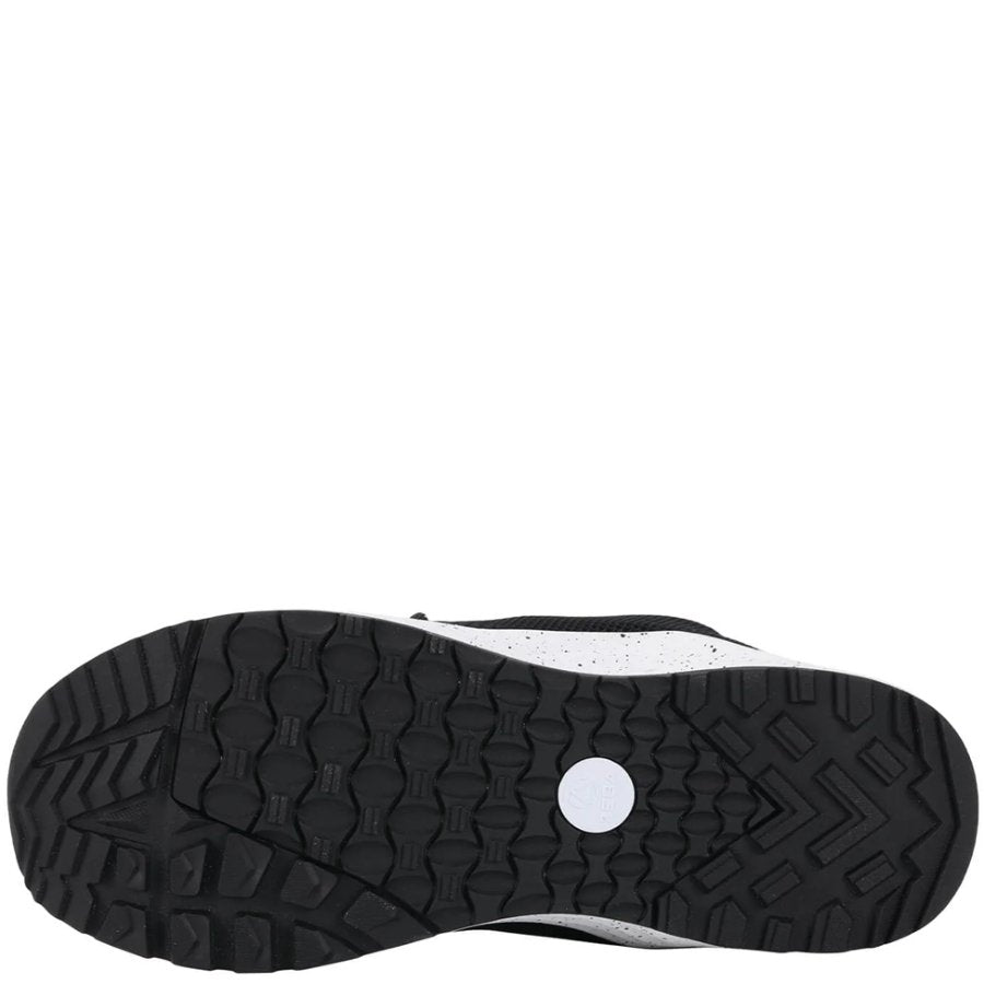 Black sole of a shoe with a white circular logo on a white background