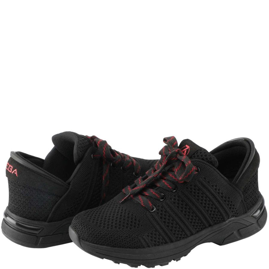 Black athletic shoes with red laces on a white background