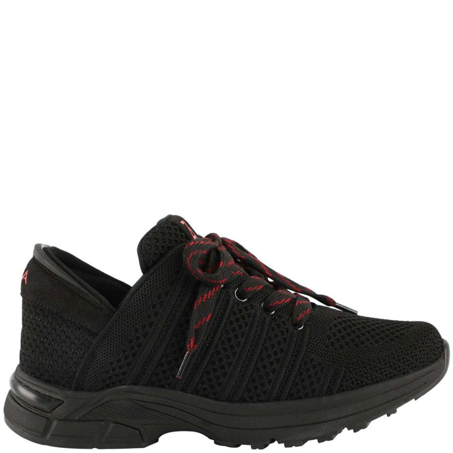 Black athletic shoe with red laces on a white background