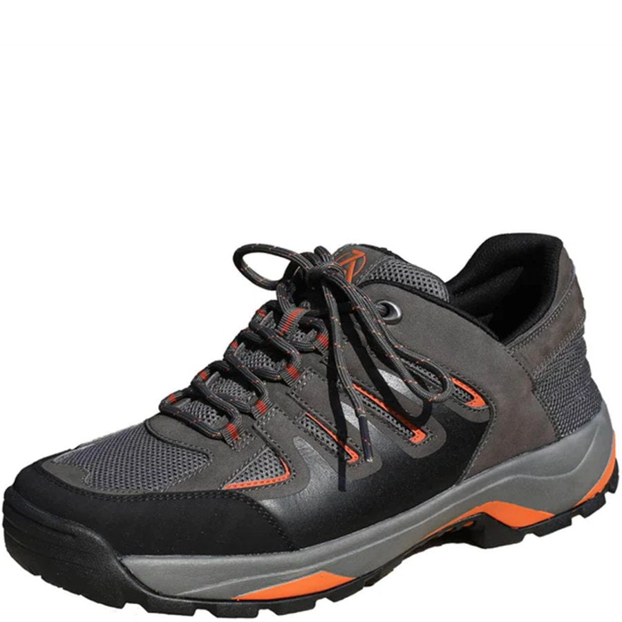 Gray and black hiking shoe with orange accents on a white background